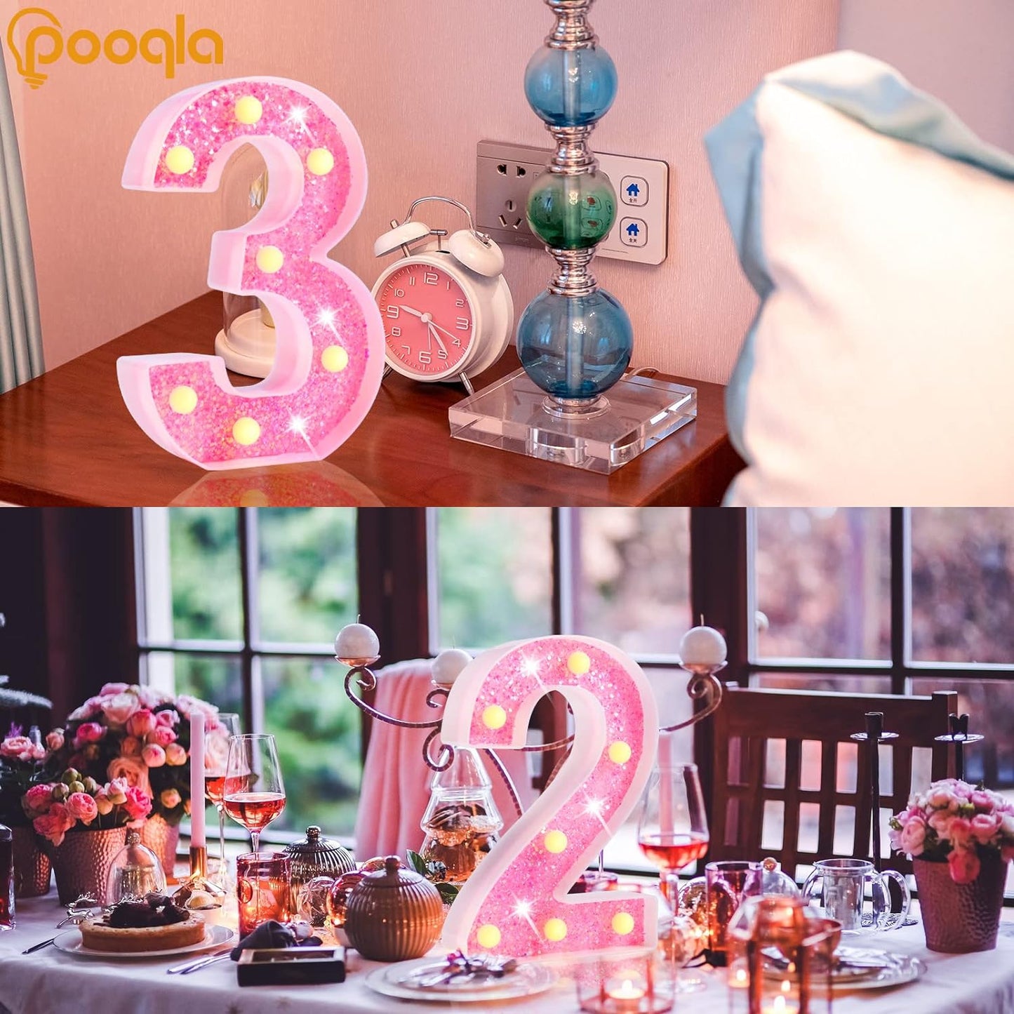 Marquee Numbers Lights, Light up Numbers Battery Powered, Glitter Lighted Numbers for Birthday Party, Shiny LED Numbers for Christmas Wedding Home Bar Decoration, Pink Number 3