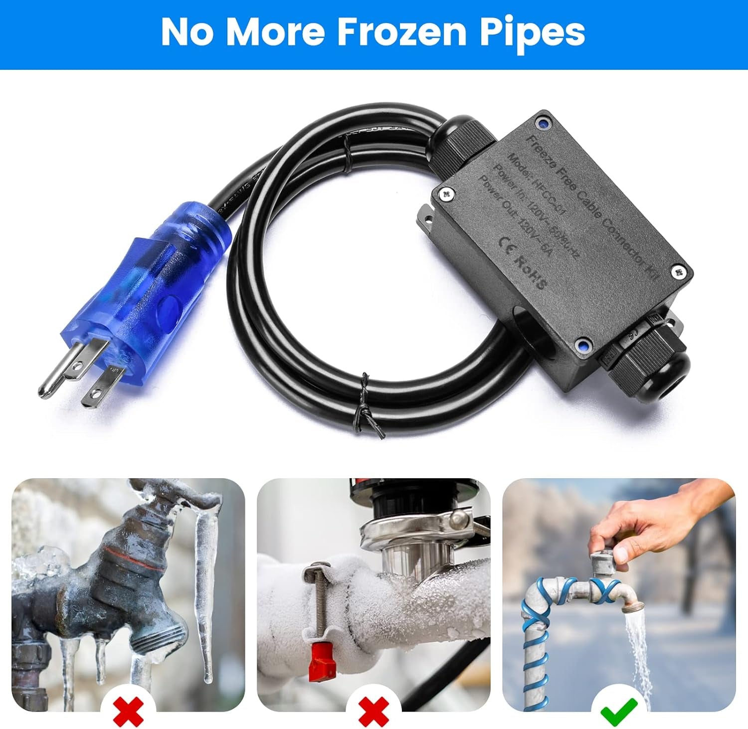 Self Regulating Water Pipe Heating Cable Kit with LED Indicator Plug, Suitable for All Types of Self-Regulating Heating Cables up to 600W