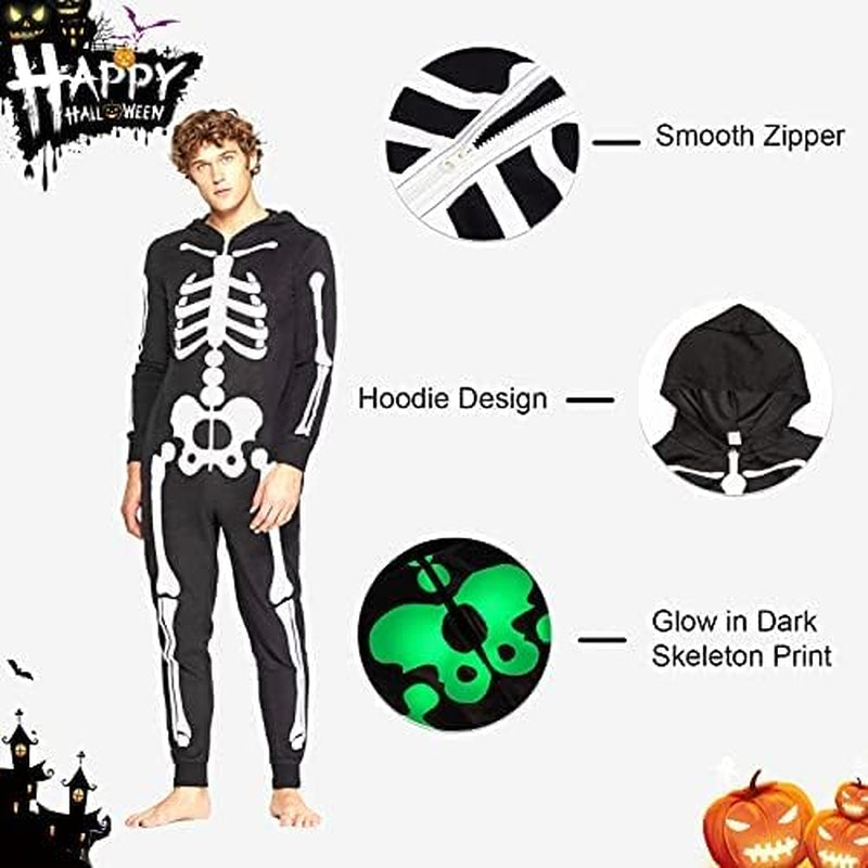 Matching Family Costumes Sets Unisex Halloween Hooded Glow in Dark Skeleton Jumpsuit Men Small