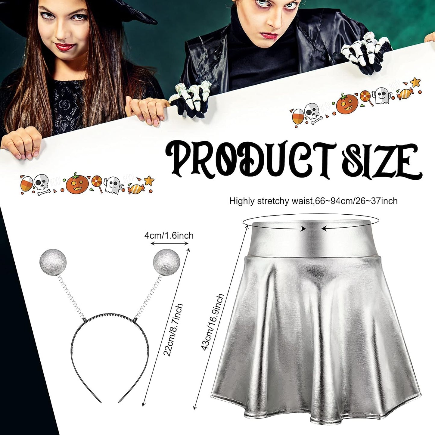 3 Pieces Halloween Alien Costume Include Silver Metallic Alien Skirt Flared Pleated Skater Skirt Cosmetic Face Glitter and Silver Headband for Women Girl Halloween Supplies