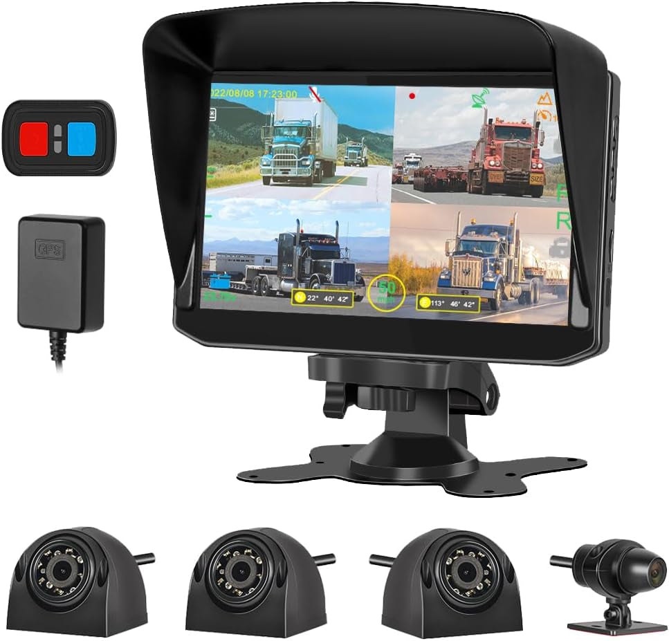 H7 4CH Truck Dash Camera 360 DVR Dash Cam Security Camera System Vehicle Backup Cameras 1080P Front Rear Side View 7.0'' Monitor W/Gps IR Night Vision for RV Semi Truck Trailer Tractor TRUCK DRIVER
