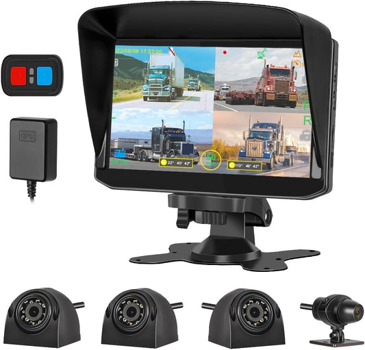 H7 4CH Truck Dash Camera 360 DVR Dash Cam Security Camera System Vehicle Backup Cameras 1080P Front Rear Side View 7.0'' Monitor W/Gps IR Night Vision for RV Semi Truck Trailer Tractor TRUCK DRIVER