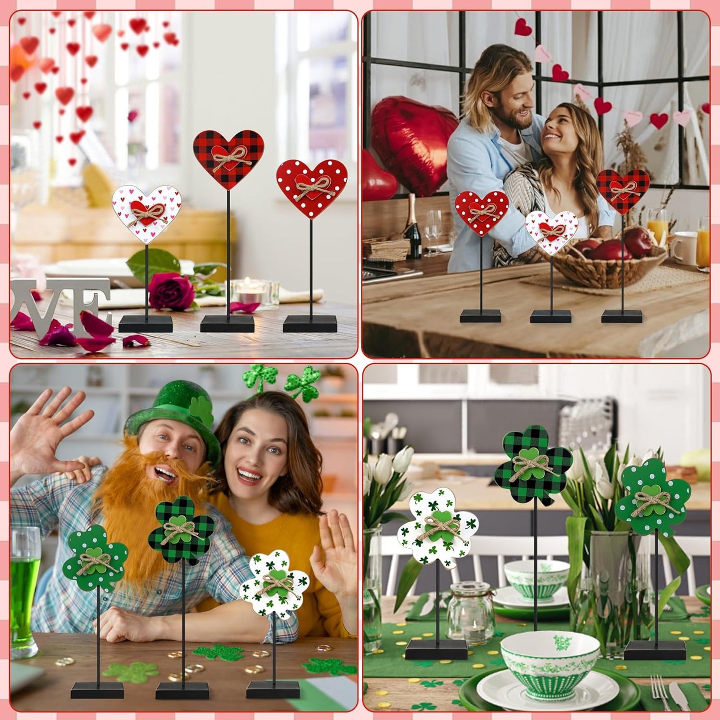 6PCS Valentine'S Day/St. Patrick’S Day Decorations Wooden Sign, Valentines Day Decor St. Patrick’S Day Shamrock Signs, Freestanding Farmhouse Table Centerpiece for Home Mantle Shelf Tiered Tray Decor