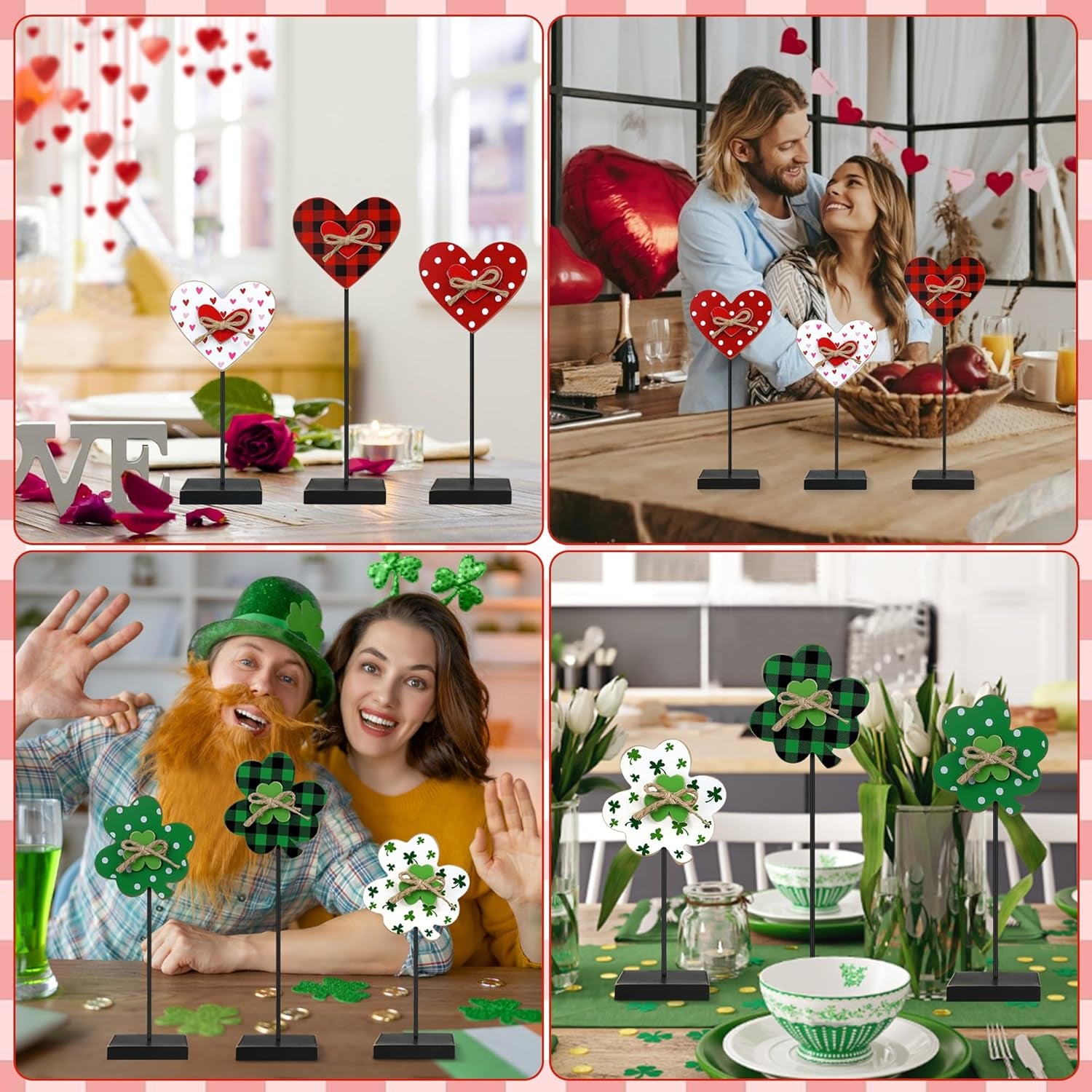 6PCS Valentine'S Day/St. Patrick’S Day Decorations Wooden Sign, Valentines Day Decor St. Patrick’S Day Shamrock Signs, Freestanding Farmhouse Table Centerpiece for Home Mantle Shelf Tiered Tray Decor