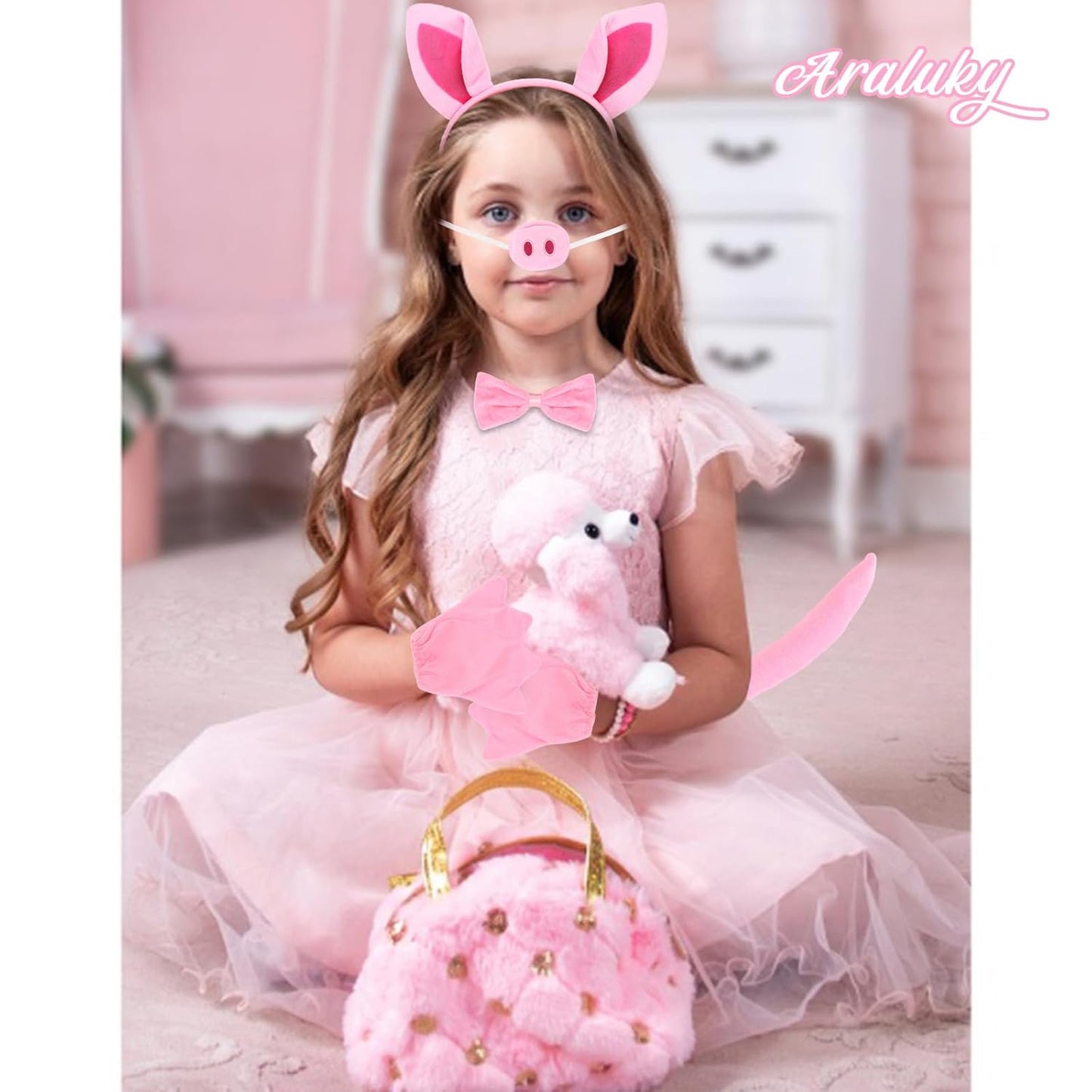 Pig Costume Set Pig Ears Headband, Pig Nose, Bowtie, Tail & Paw Gloves Pink Pig Costume Accessories Set Fancy Dress Costume Accessories for Halloween Dress up Play Party Carnival World Book Day