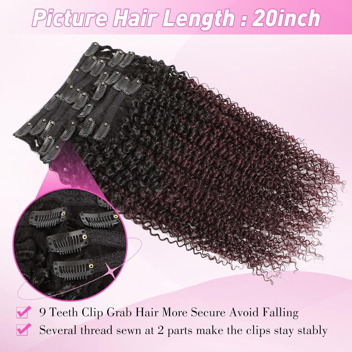 Burgundy Clip in Hair Extensions Real Human Hair 1B/99J Kinky Curly Hair Extensions Clip Ins Real Human Hair Black Women Curly Clip in Hair Extensions Black/Burgundy Wine Red(10 Inch,1B/99J)