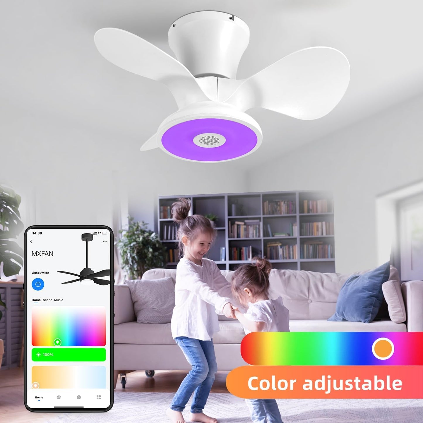 Smart Wifi Flush Mount Ceiling Fan with Lights,Bluetooth Ceiling Fan with Speaker and Remote/App/Alexa Control,Dimmable RGB Light,Low Profile 6 Speeds Reversible Blades for Bedroom Kitchen Living Room