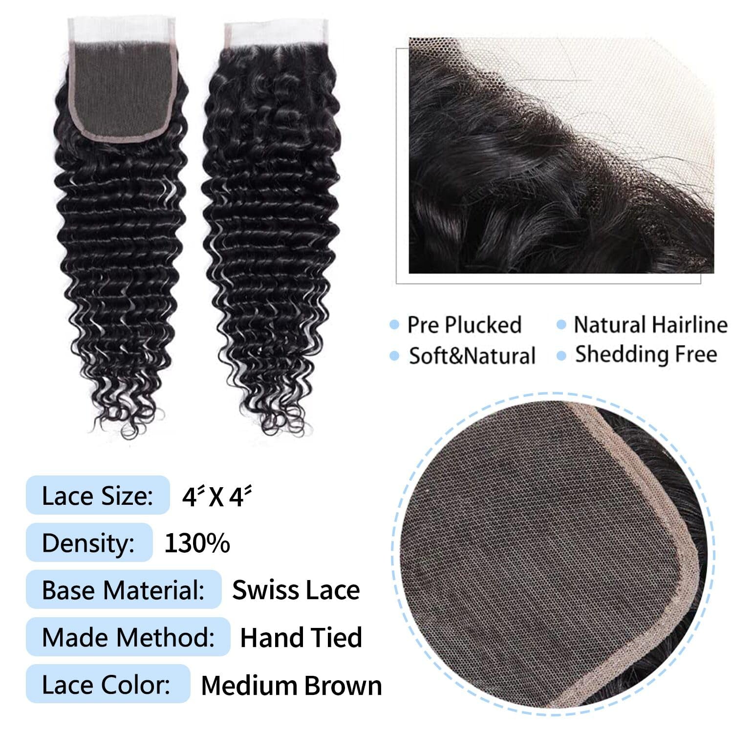 Deep Wave 4X4 Lace Closure Brazilian Human Hair 150% Density 12A Unprocessed Wet and Wavy 4X4 Lace Closure with Baby Hair Free Part Natural Black 10Inch