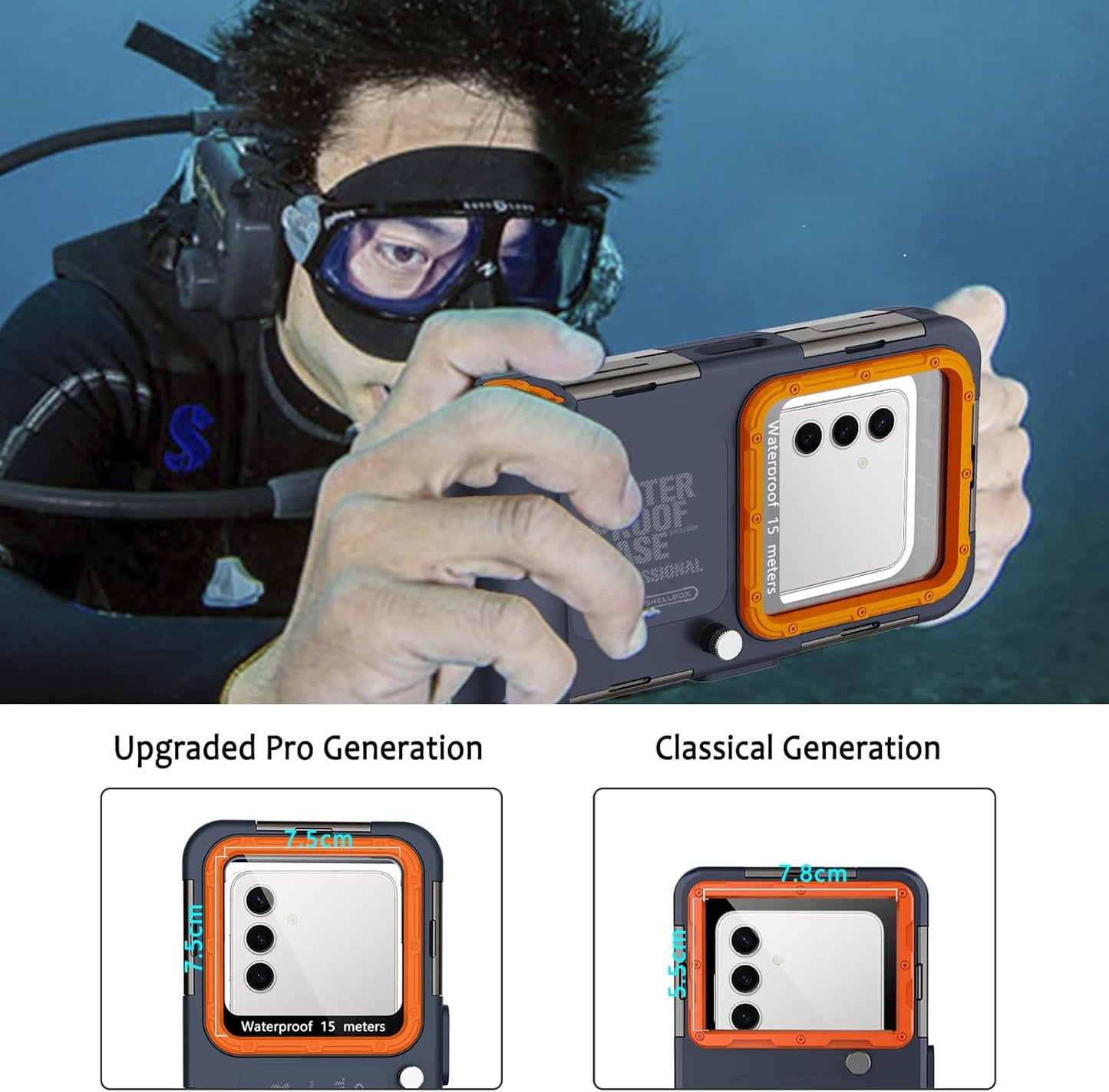 Waterproof Case[50Ft/15M],Phone Size4.7-4.9Inch(Volume Button on Right), Universal Professional Diving Case for Samsung Galaxy S25/S24/S23/Ultra/Huawei/Xiaomi Android Series, Blue-Orange