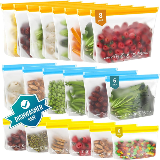 20Pack Dishwasher Safe Reusable Bags, Leakproof Reusable Freezer Bags, BPA Free Reusable Food Storage Bags Sandwich Bags Snack Bags for Lunch Travel(8 Gallon 6 Quart 6 Snack,Colored)