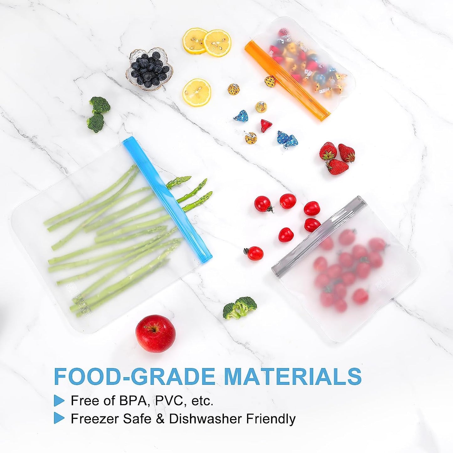 10 Pack Dishwasher Safe Reusable Bags Silicone, Leakproof Reusable Freezer Bags, BPA Free Reusable Storage Bags for Lunch Marinate Food Travel - 3 Gallon 4 Sandwich 3 Snack Bags