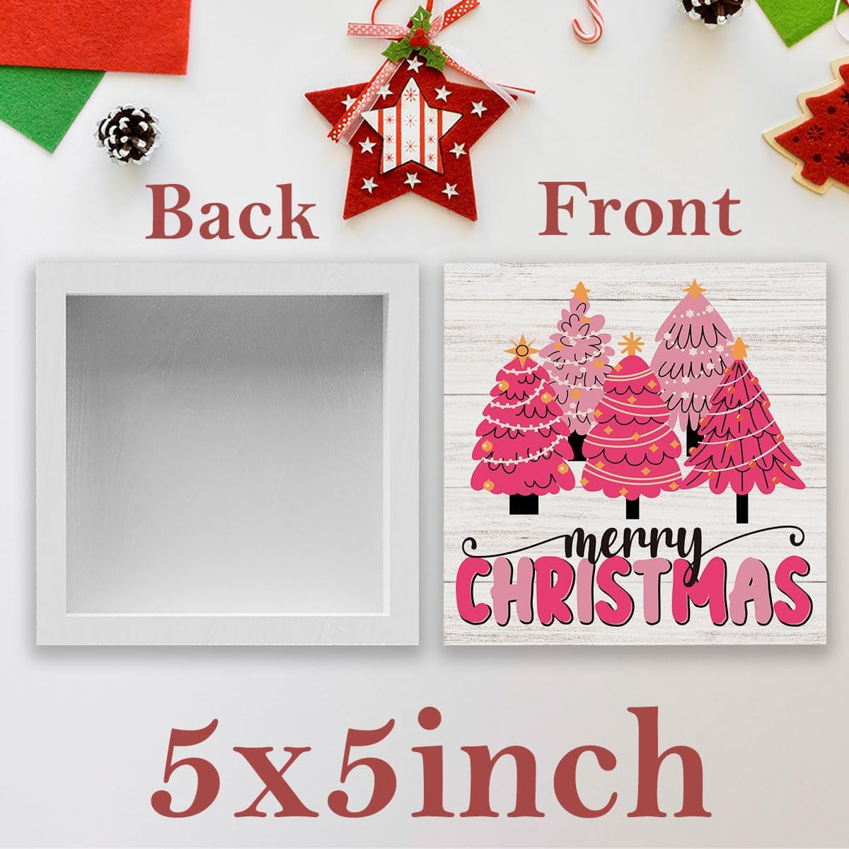 Pink Christmas Sign Pink Christmas Decorations Pink Christmas Tree Sign Merry Christmas Sign for Table Christmas Signs for Home Office Shelf Cubicle Decoration 5 X 5 Inches