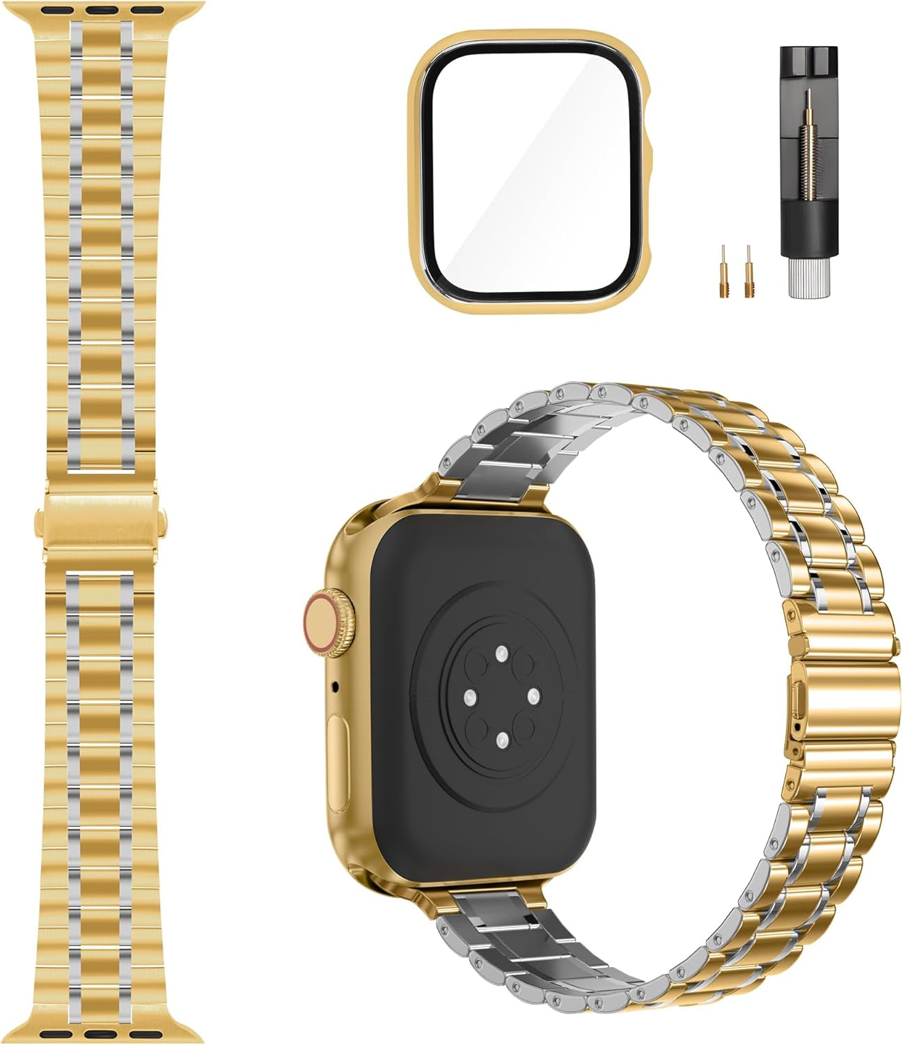 Solid Stainless Steel Band Compatible with Apple Watch 38Mm 40Mm 41Mm 42Mm 44Mm 45Mm, Metal Wristband Strap with Screen Protector Case for Iwatch Series 9/8/7/6/5/4/3/2/1/SE Women and Men