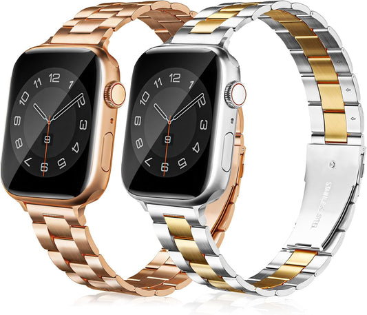 Thin Metal Bands Compatible with Apple Watch Band 38Mm 40Mm 41Mm 42Mm 44Mm 45Mm 46Mm 49Mm, Slim Stainless Steel Wristband Strap for Iwatch Ultra SE Series 10 9 8 7 6 5 4 3 2 1-Rosegold+Silver-Gold