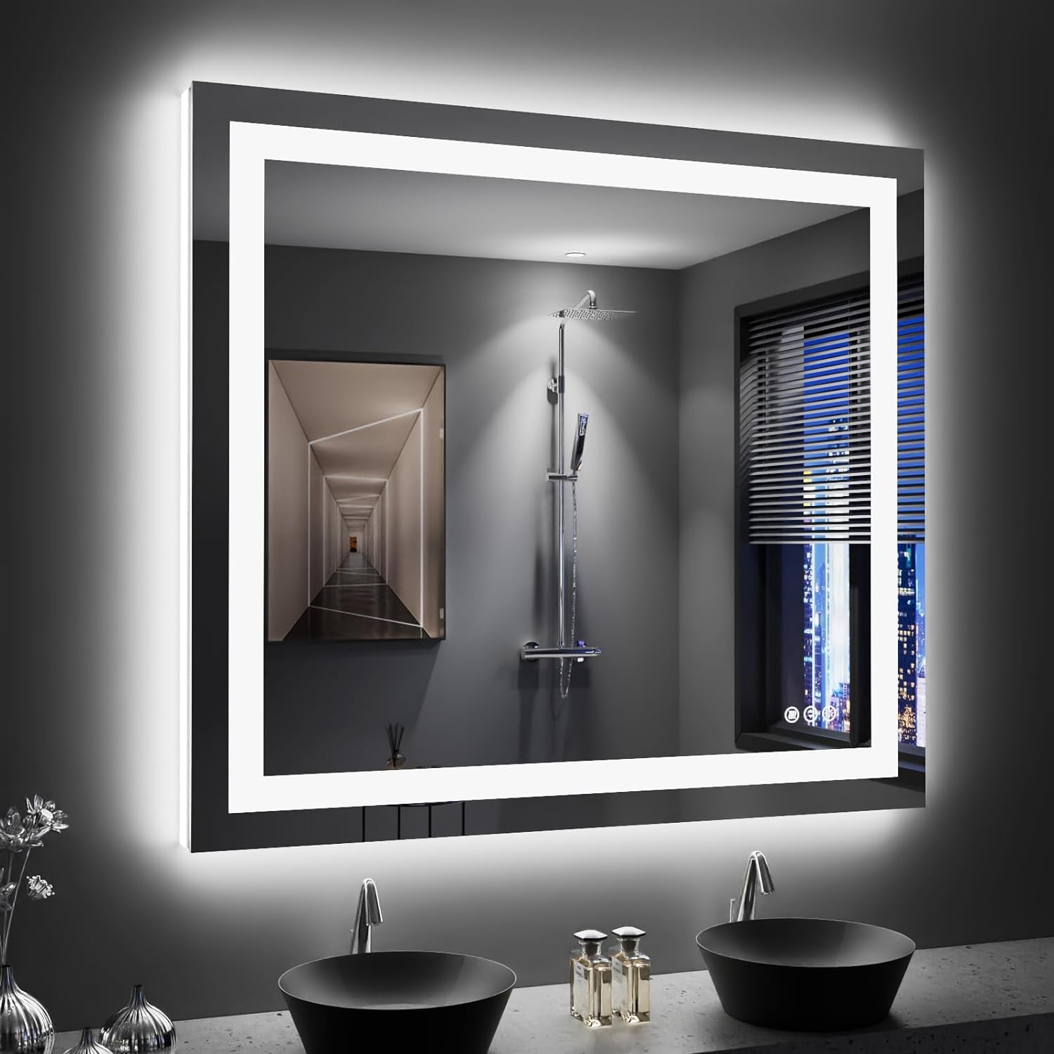 60”X30“ RGB LED Bathroom Mirror with Lights for Bathroom, Anti-Fog, Dimmable，Multiple Light Modes, RGB Backlit + Front Light, Memory Function, Tempered Glass