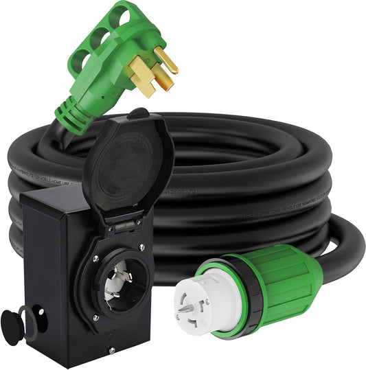 Emergency Power Combo Kit, 25 Foot 50 Amp Generator Cord and Power Inlet Box, NEMA 14-50P to SS2-50R Generator Cord with NEMA SS2-50P Pre-Drilled Generator Inlet Box, ETL Listed