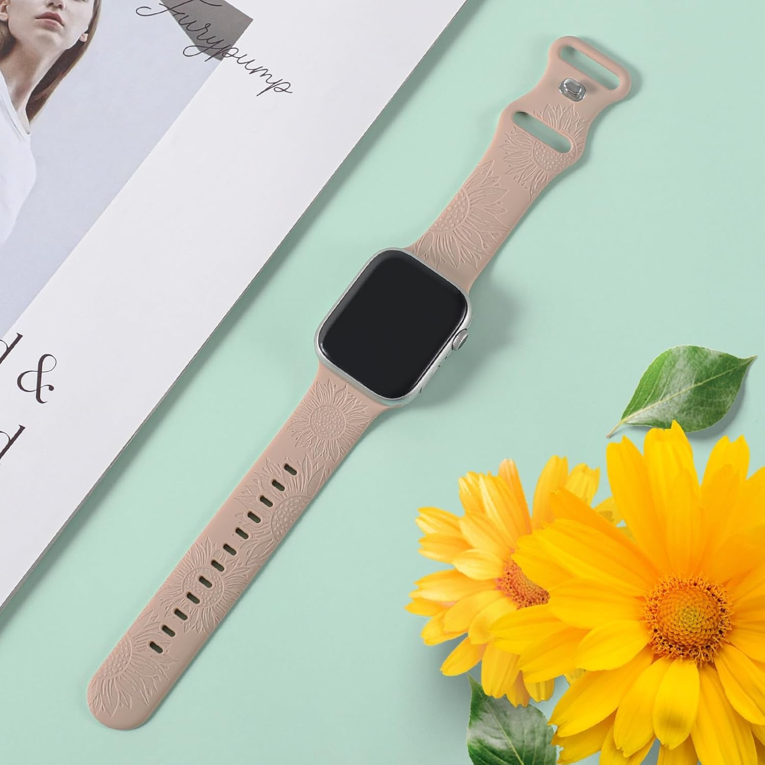 Sunflower Engraved Band Compatible for Apple Watch Bands 40Mm 41Mm 38Mm 42Mm 44Mm 45Mm 49Mm Women, Soft Floral Silicone Strap for Iwatch Ultra Series 9 8 7 6 SE 5 4 3 2 1