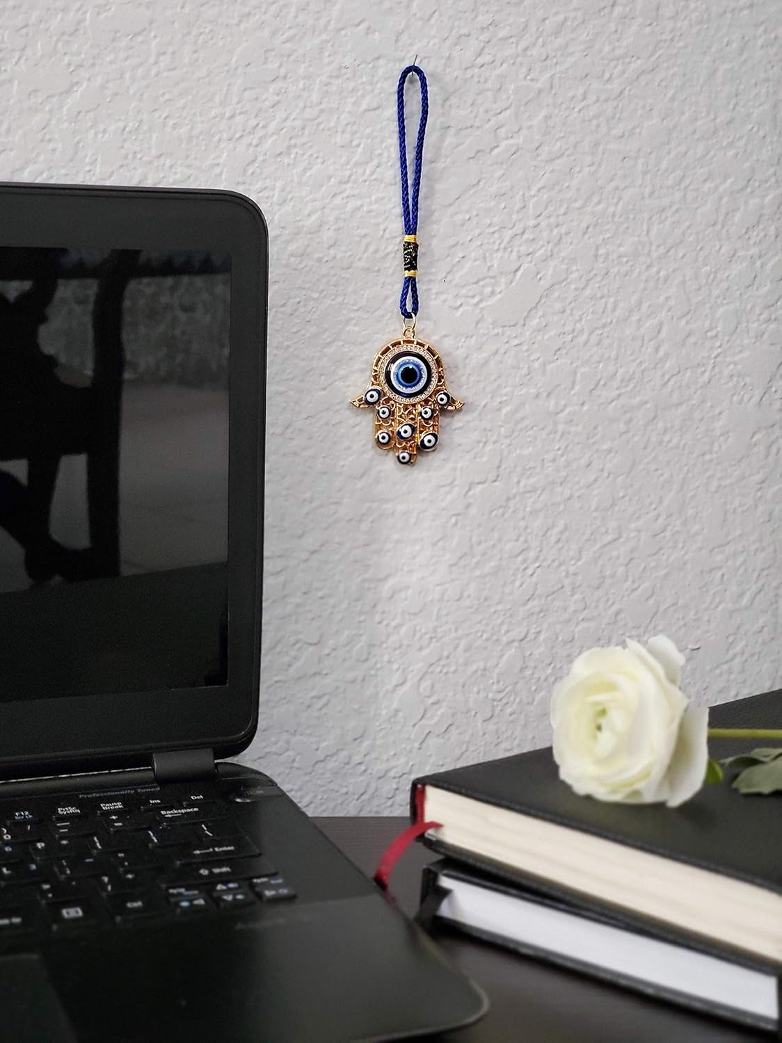 Hamsa Hand Amulet Pendant W/Crystal Rhinestones Blue, White & Black Evil Eye Car Hanging Ornament Rear View Mirror Accessories - Door, Wall, Bag Charms (Gold & Matching Tassel)
