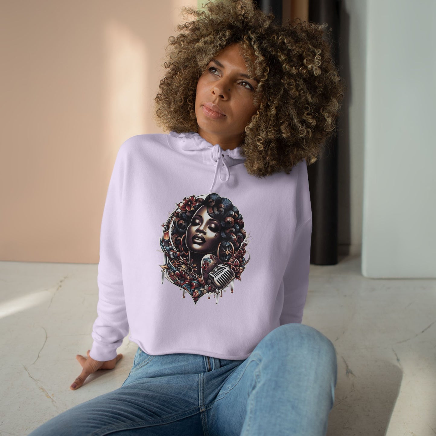 Angie Stone inspired Feminine Vibe Crop Hoodie with Microphone Design