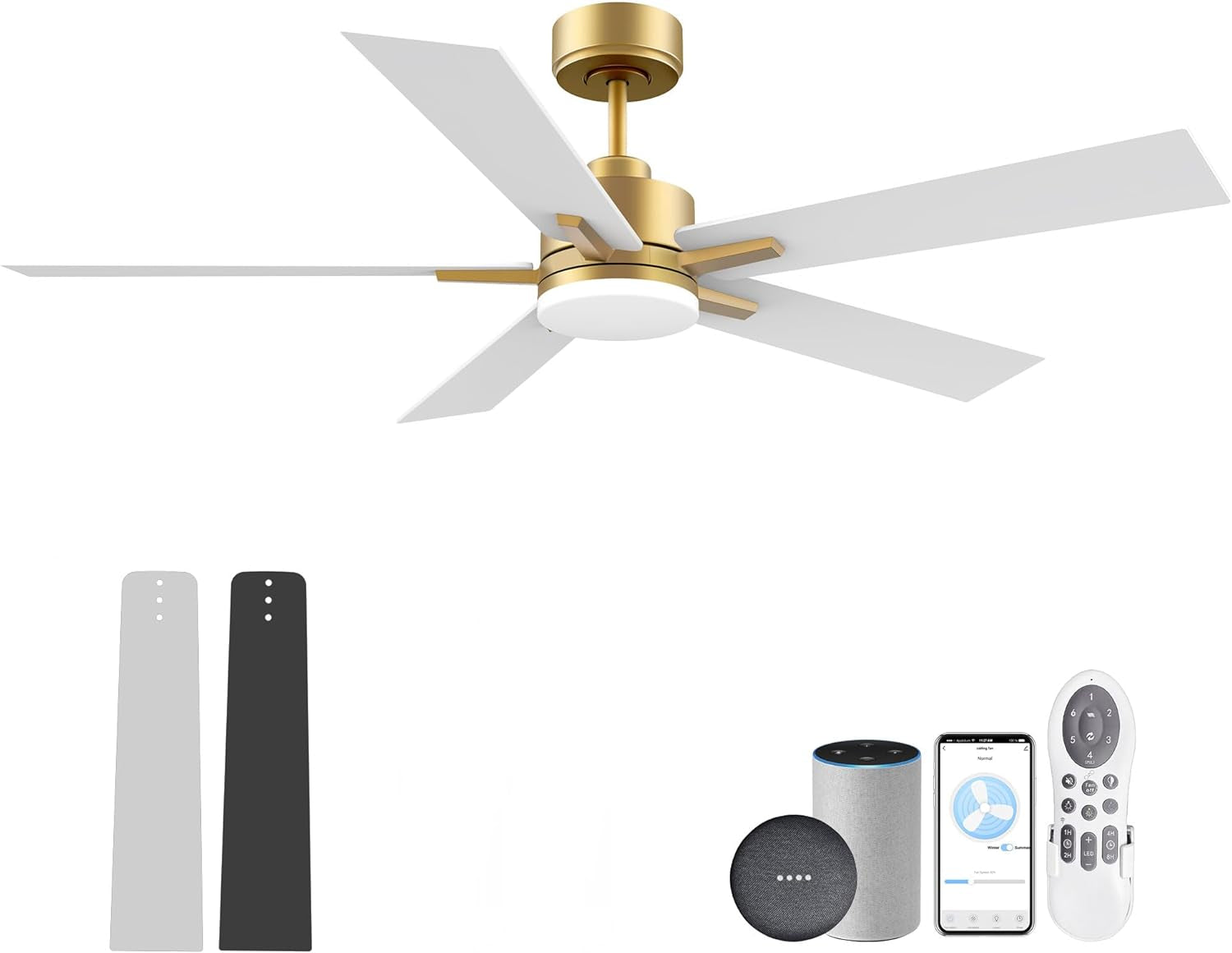 52” Smart Ceiling Fan with LED Lights Remote,Quite DC Motor,Voice Control via Alexa Google WIFI Phone,Outdoor Indoor Modern Ceiling Fans,Dimmable,For Bedroom Patio Porch,Gold and White Black