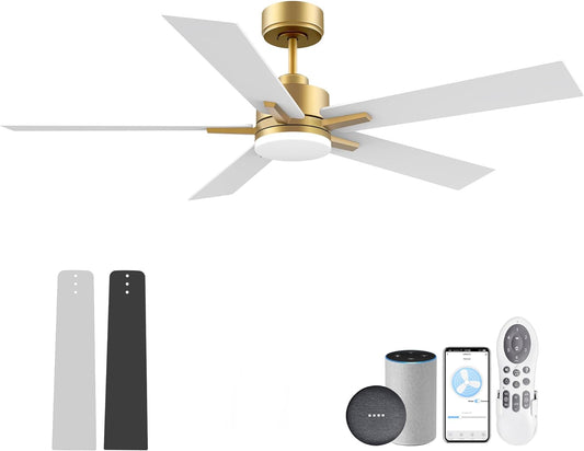52” Smart Ceiling Fan with LED Lights Remote,Quite DC Motor,Voice Control via Alexa Google WIFI Phone,Outdoor Indoor Modern Ceiling Fans,Dimmable,For Bedroom Patio Porch,Gold and White Black