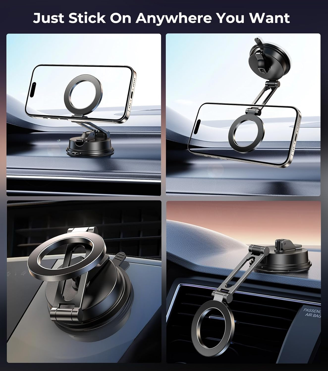 Folding Car Phone Mount for Magsafe, Magnetic Dashboard, Windshield Holder, Strong Suction, Easy to Relocate, Must-Have for Car Rentals, Best Accessories for Men Women Iphone 16E/15/14/13/12 Pro Max
