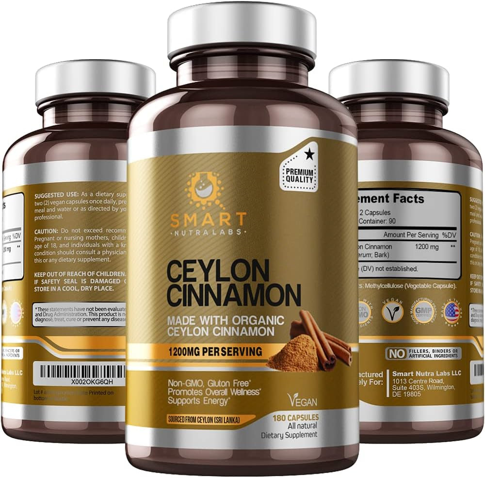 Organic Ceylon Cinnamon Supplement 1200Mg per Serving, 180 Vegan Capsules, 100% Pure, True Ceylon Cinnamon TLBH