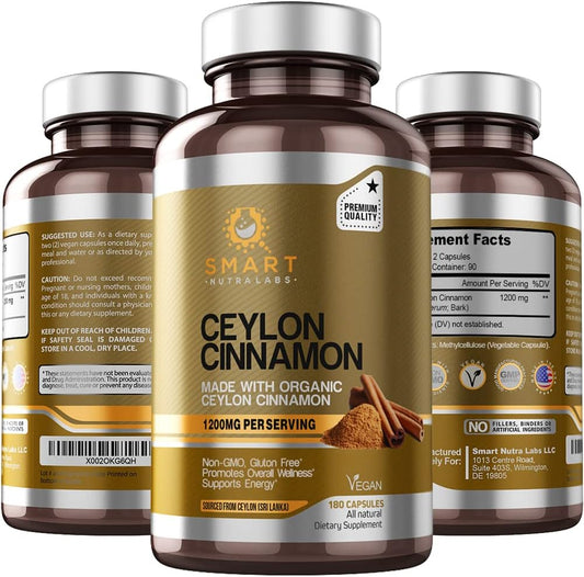 Organic Ceylon Cinnamon Supplement 1200Mg per Serving, 180 Vegan Capsules, 100% Pure, True Ceylon Cinnamon TLBH