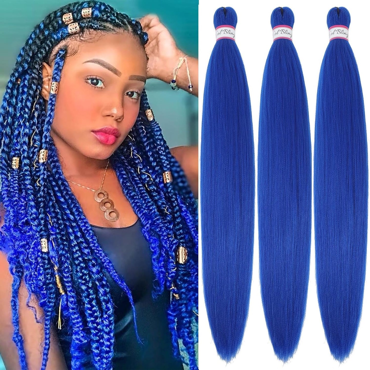 Blue Braiding Hair Pre Stretched, 28 Inch Long Braid Hair Extensions for Women, Box Braids Hair Yaki Texture, Professional Synthetic, Softness, Knotless Easy to Install