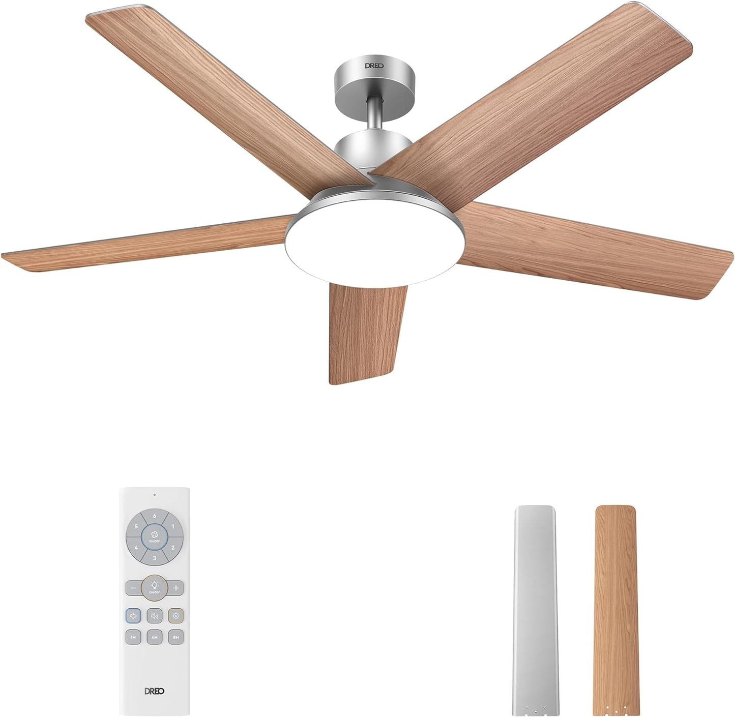 Ceiling Fans with Lights and Remote, 52 Inch, 6 Speeds, 5 Color Tones Dimmable LED, Quiet Reversible DC Motor, 8H Timer, Silver Ceiling Fan for Bedroom, Living Room, Easy to Install