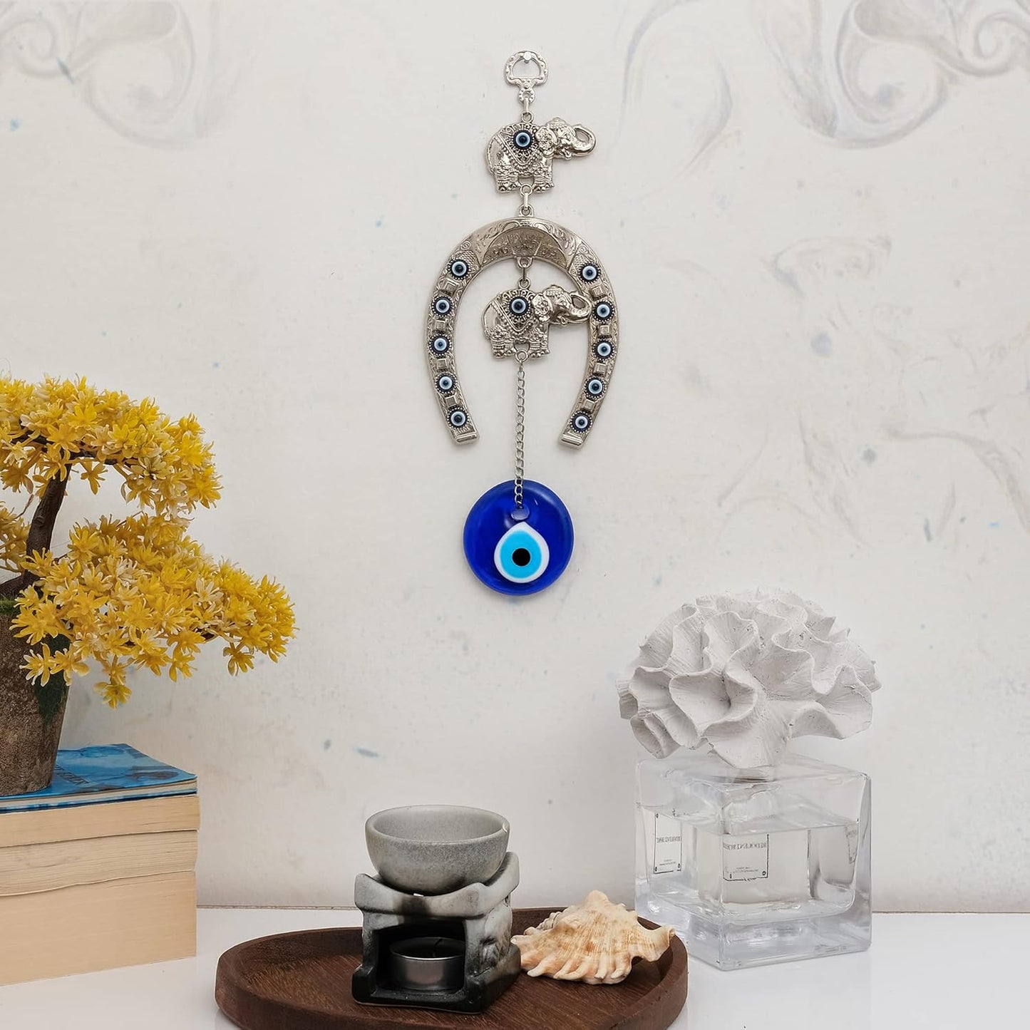 Evil Eye Wall Decor 3.7''W X 10.2''L Metal - Glass Turkish Greek Nazar Amulet Good Luck & Protection Charm - Handmade Hanging Ornament for Home,Office, Door - Ojo Turco