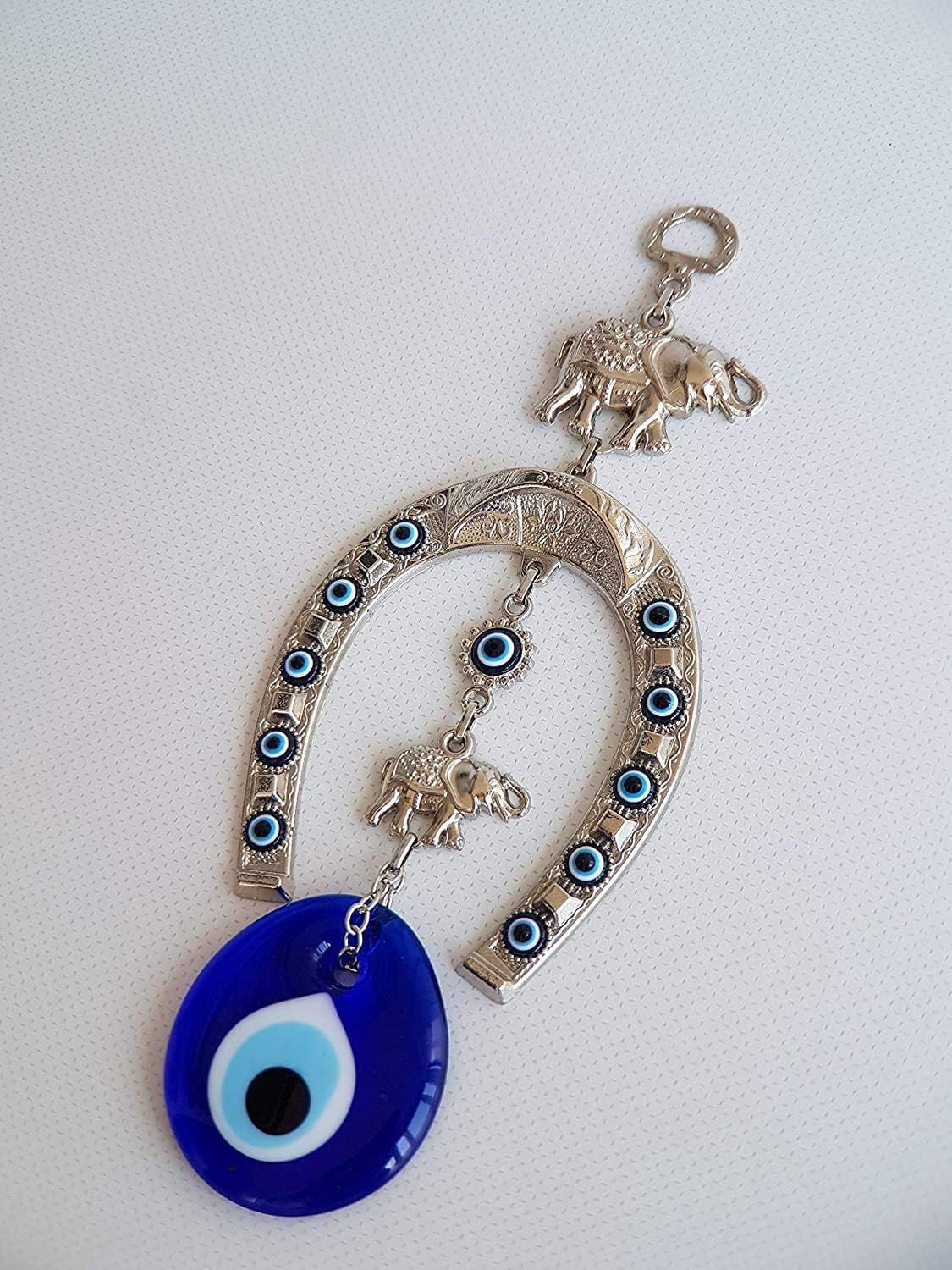 Turkish Silver Horse Shoe Blue Evil Eye Wall Hanging Ornament with Elephant - Turkish Nazar Bead Amulet – Home Protection and Good Luck Charm Gift in a Box