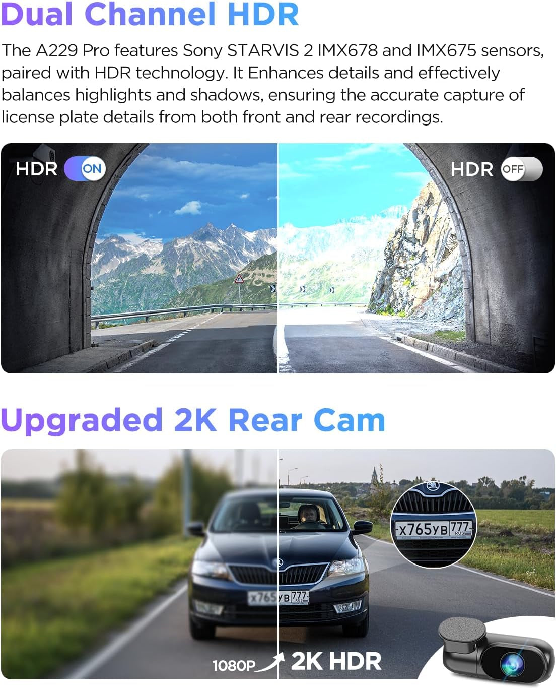 A229 Pro 4K HDR Dash Cam, Dual STARVIS 2 IMX678 IMX675, 4K+2K Front and Rear Car Camera, 2 Channel with HDR, Voice Control, 5Ghz Wifi GPS, Night Vision 2.0, 24H Parking Mode, Support 512GB Max