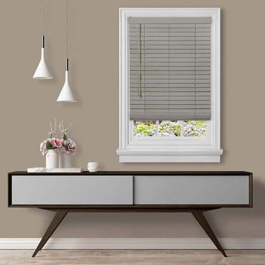 Cordless Room Darkening Plantation Blind - 36 Inch Width, 64 Inch Length, 2" Vinyl Slat Size - Grey - GII Madera Falsa Faux Wood, Light Filtering Horizontal Windows Blinds by Achim Home Decor