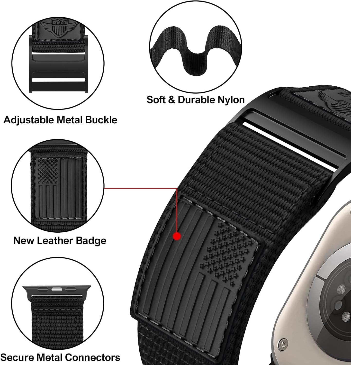 Rugged Nylon Band for Apple Watch Ultra Band 49Mm 45Mm 44Mm 42Mm,Soft Sport Loop Adjustable Wristbands Replacement Strap for Apple Watch Band Iwatch Ultra Series 8/7/Se/6/5/4/3/2/1,Leather Flag Black