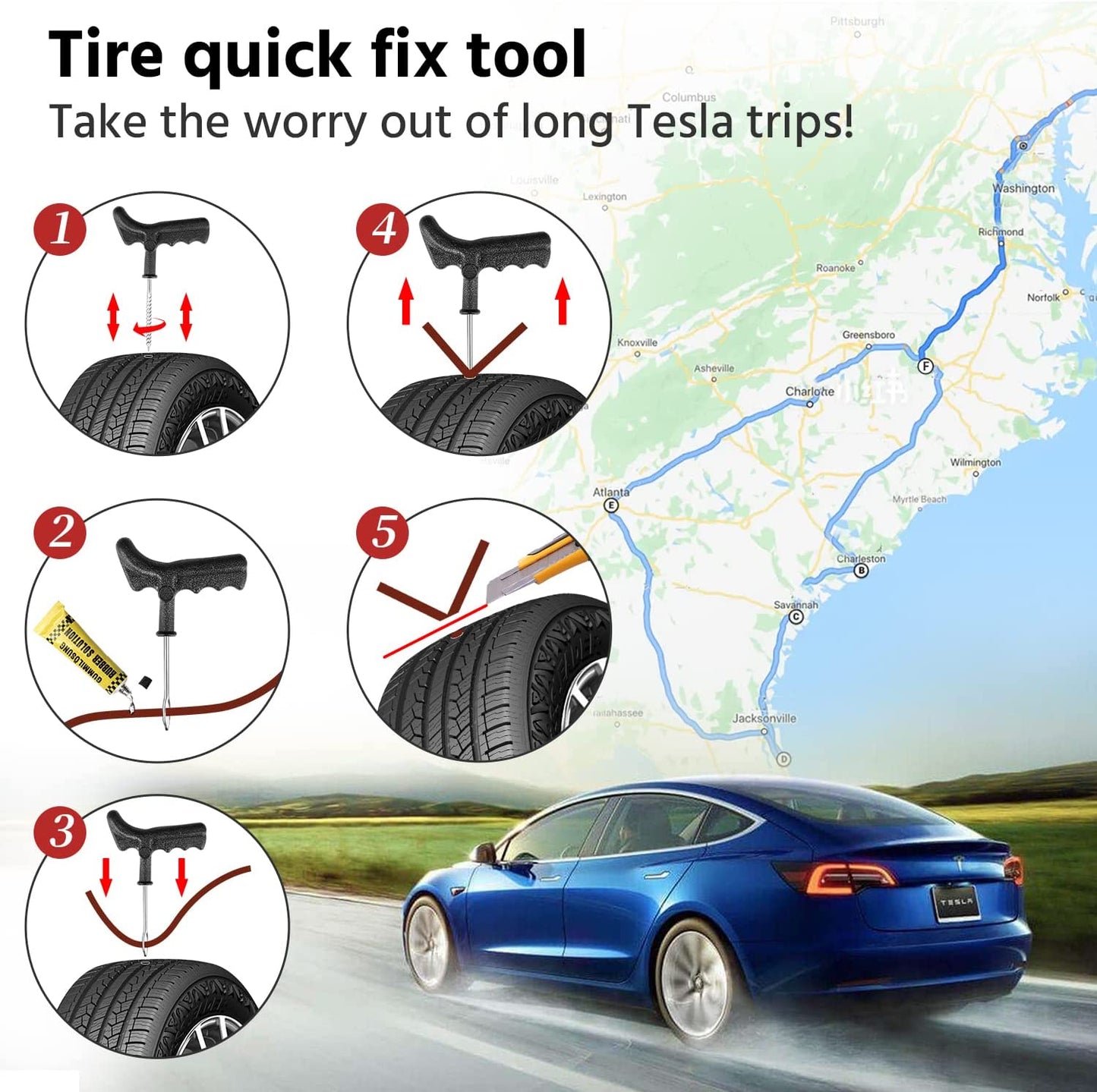 Lifting Jack Pads for Tesla Model 3/Y/S/X，4Pcs Tesla Pucks Accessories with Tire Repair Tools for Tesla Vehicles 2013 to 2024