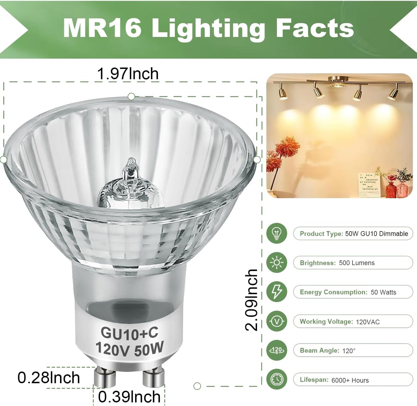 GU10 Halogen Light Bulbs, MR16 120V 50W with GU10 Base for Track Light Bulbs and Range Hood Light Bulbs, GU10+C Candle Warmer Lamp with Dimmable, 2700K Warm White, 6000+Hours Long-Lastin Pack of 6