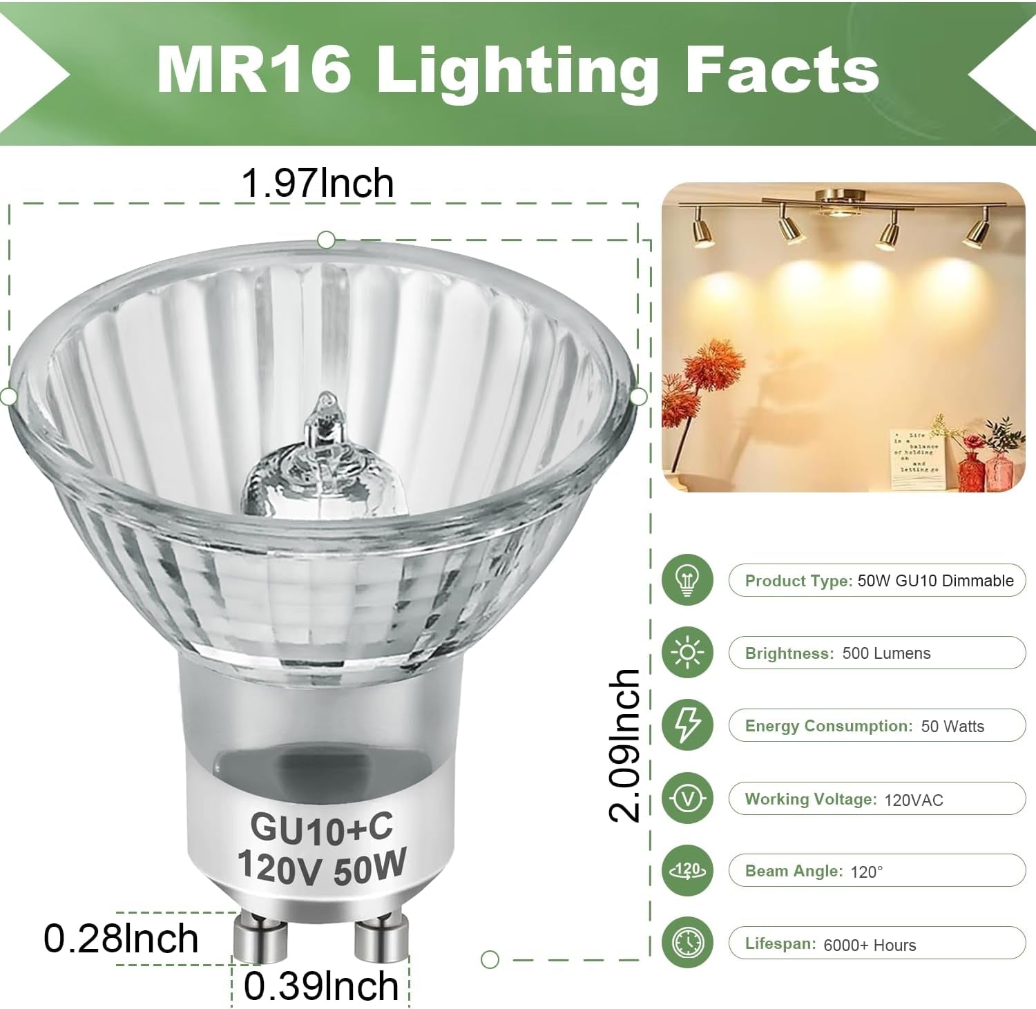 GU10 Halogen Light Bulbs, MR16 120V 50W with GU10 Base for Track Light Bulbs and Range Hood Light Bulbs, GU10+C Candle Warmer Lamp with Dimmable, 2700K Warm White, 6000+Hours Long-Lastin Pack of 6