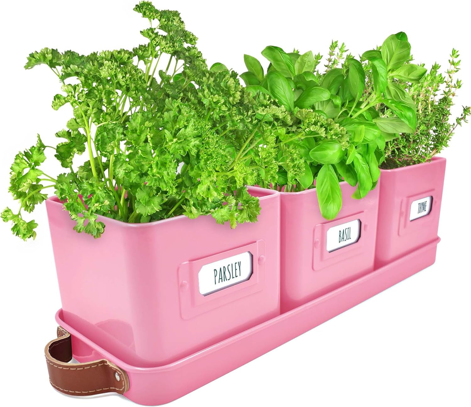 Herb Planter Indoor - Set of 3 Pink Indoor Herb Garden Pots for Plants with Leather Handled Tray - Window Sill Plant Shelf - Herb Pots with Drainage Holes and Labels