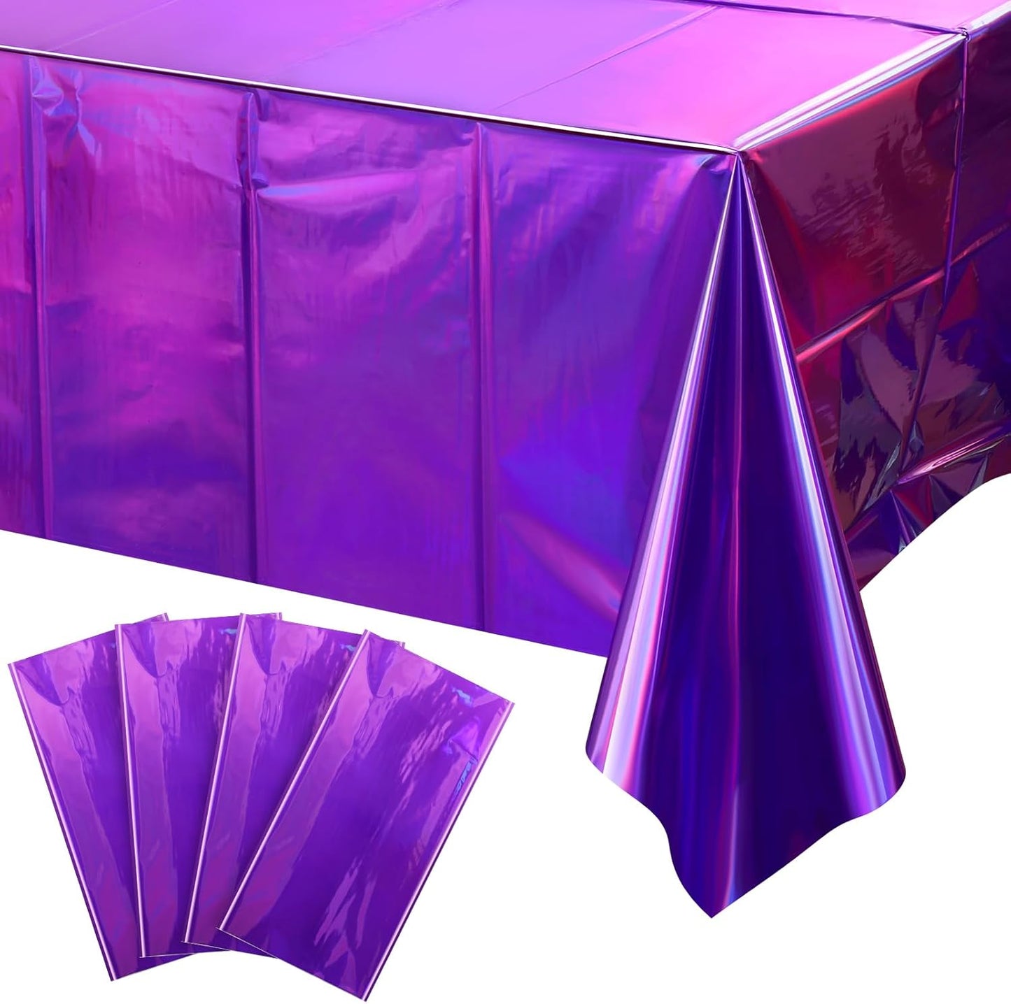 4 Pack Iridescent Purple Plastic Tablecloths, Shiny Disposable Laser Rectangle Table Covers, Holographic Foil Tablecloth Iridescent Party Decorations for Birthday Bridal Wedding Christmas, 54X108 Inch