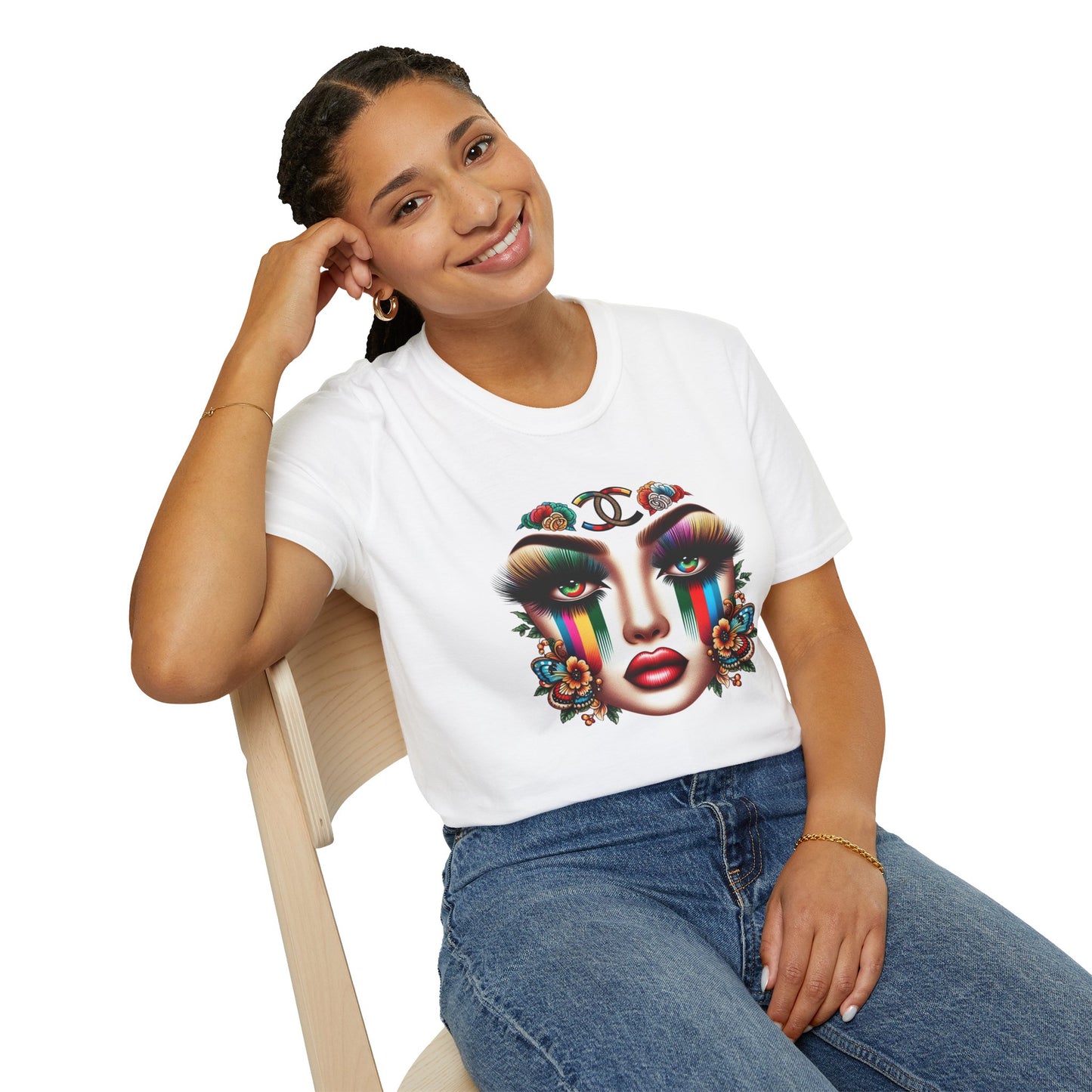 Gucci Inspired Vibrant Art Face Unisex Softstyle T-Shirt - Colorful Floral Design