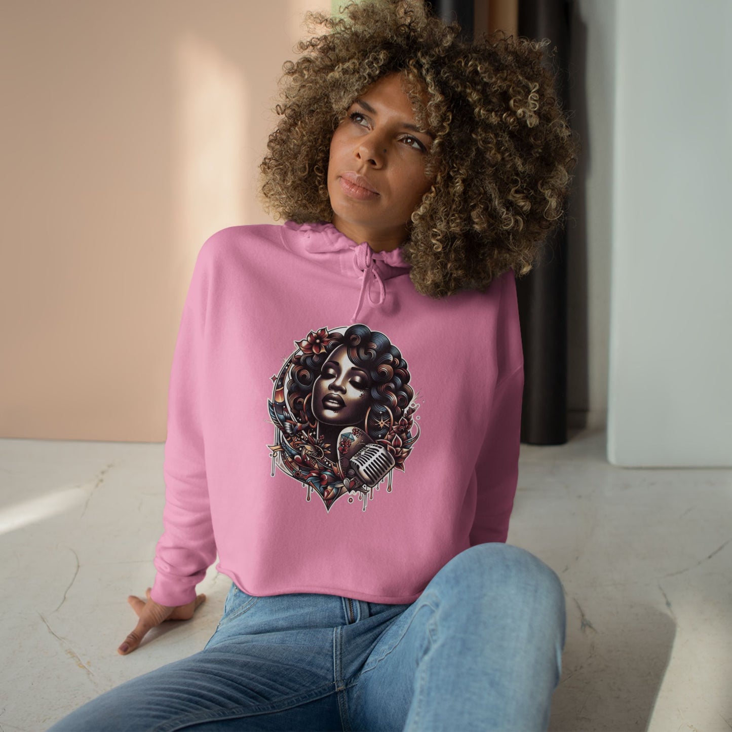Angie Stone inspired Feminine Vibe Crop Hoodie with Microphone Design