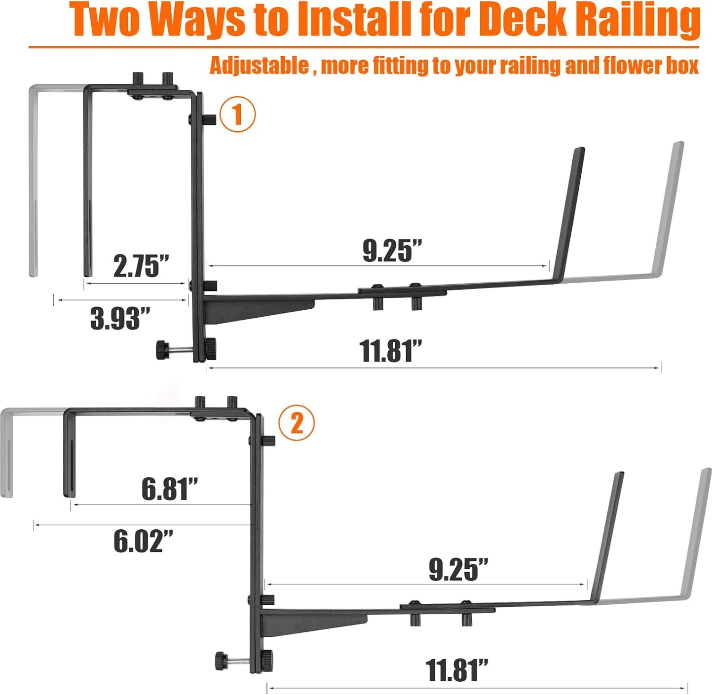 2 Pcs Adjustable Railing Planter Boxes Brackets,Heavy Duty Iron Window Box Planters Holder Outdoor for Railings,Windowsill,Patio,Deck,Garden,Balcony