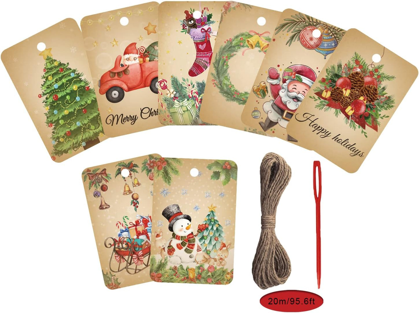 120PCS Vintage Christmas Gift Tags, Retro Xmas Gift Tags with String, Christmas Hanging Tags, Christmas Gift Wrapping Holiday Home Decor(2’’ X 3’’)