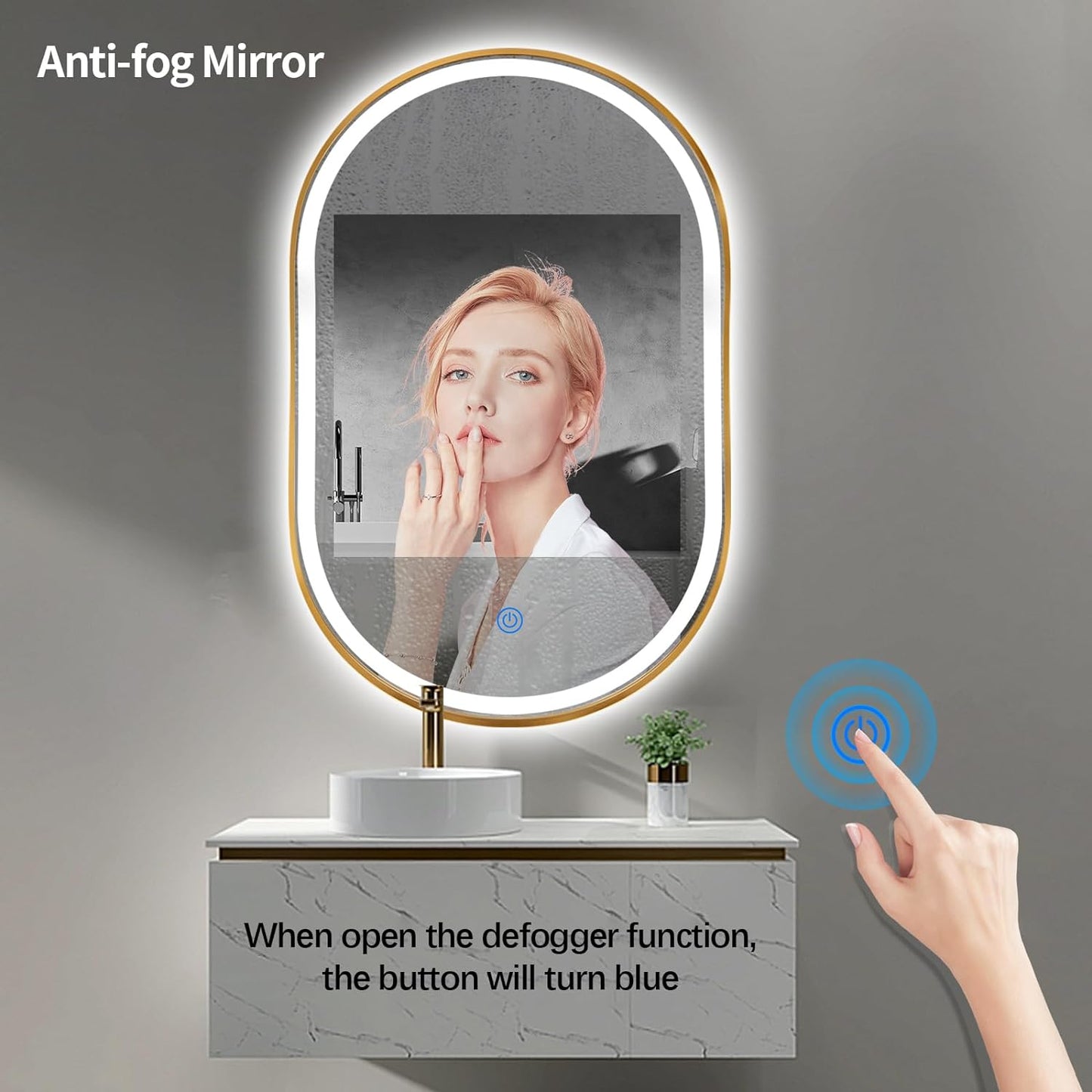 Oval LED Bathroom Mirror, 33"X20" Lighted Wall Mounted Vanity Mirror with Metal Frame, Anti-Fog IP66 Waterproof Smart Mirror, Memory Function, (Horizontal or Vertical), Gold