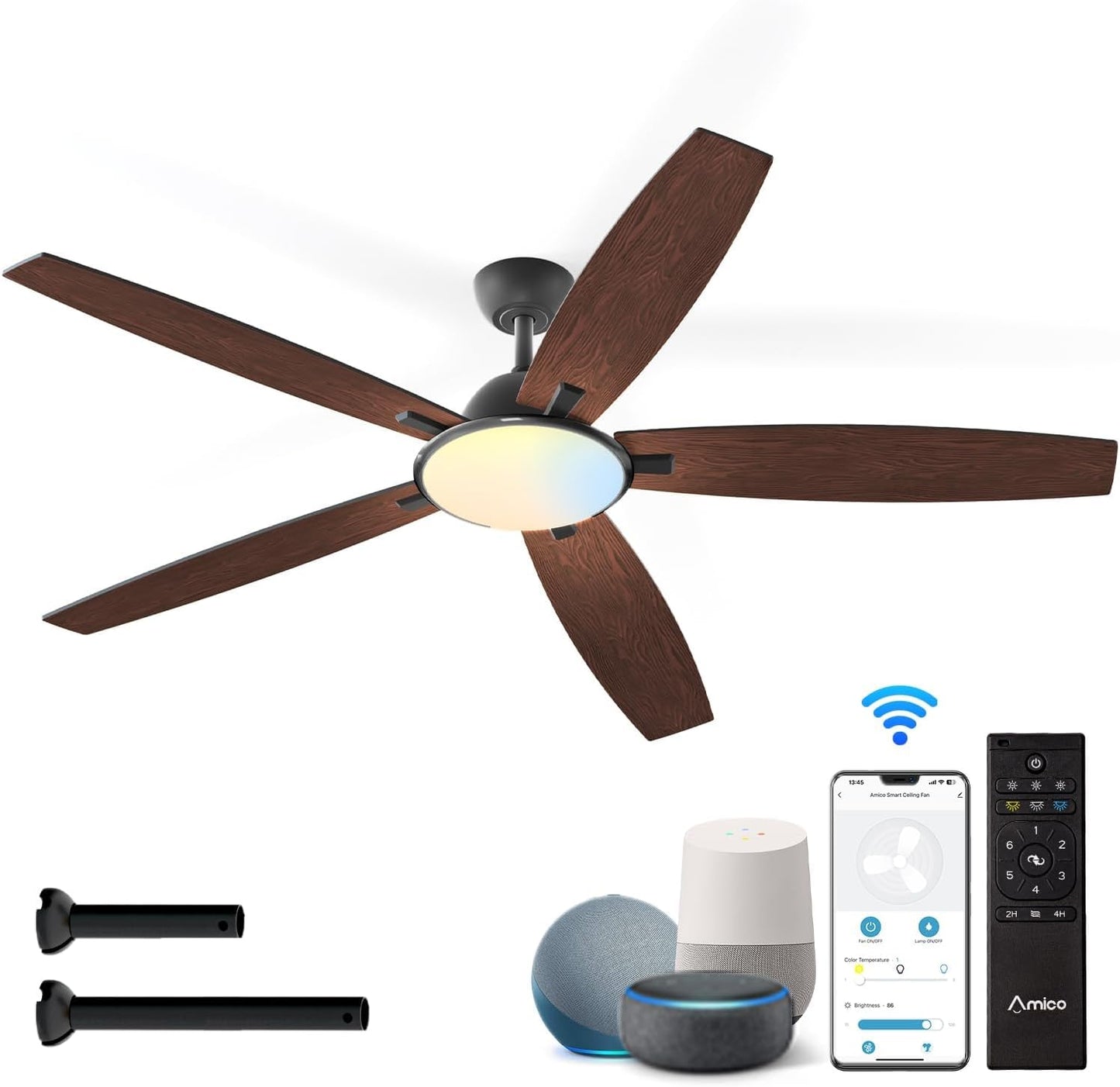 Ceiling Fans with Lights, 52 Inch Smart Ceiling Fan with Remote/App/Alexa Control, Reversible DC Motor, 5 Blades, 6 Speeds, 3CCT, Dimmable, Noiseless, Wifi Ceiling Fan for Bedroom, Farmhouse