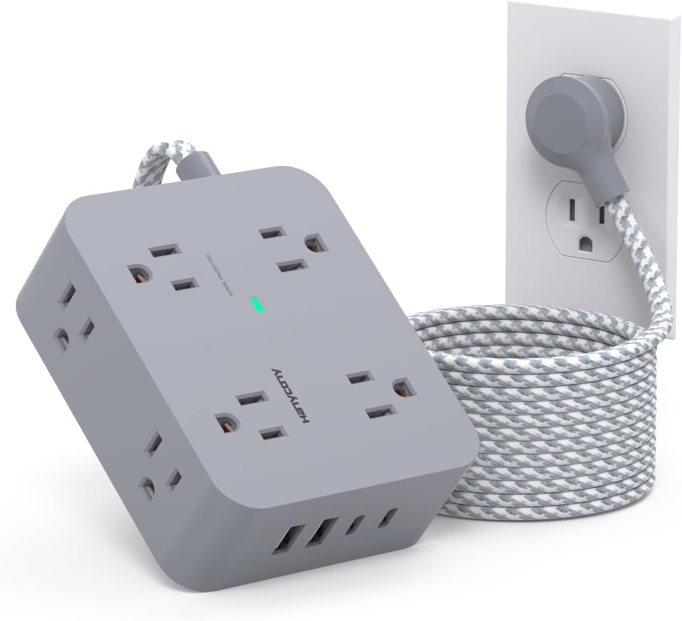 Surge Protector Power Strip - 8 Outlets with 4 USB (2 USB C) Charging Ports, Multi Plug Outlet Extender, 5Ft Braided Extension Cord, Flat Plug Wall Mount Desk USB Charging Station for Home Office ETL