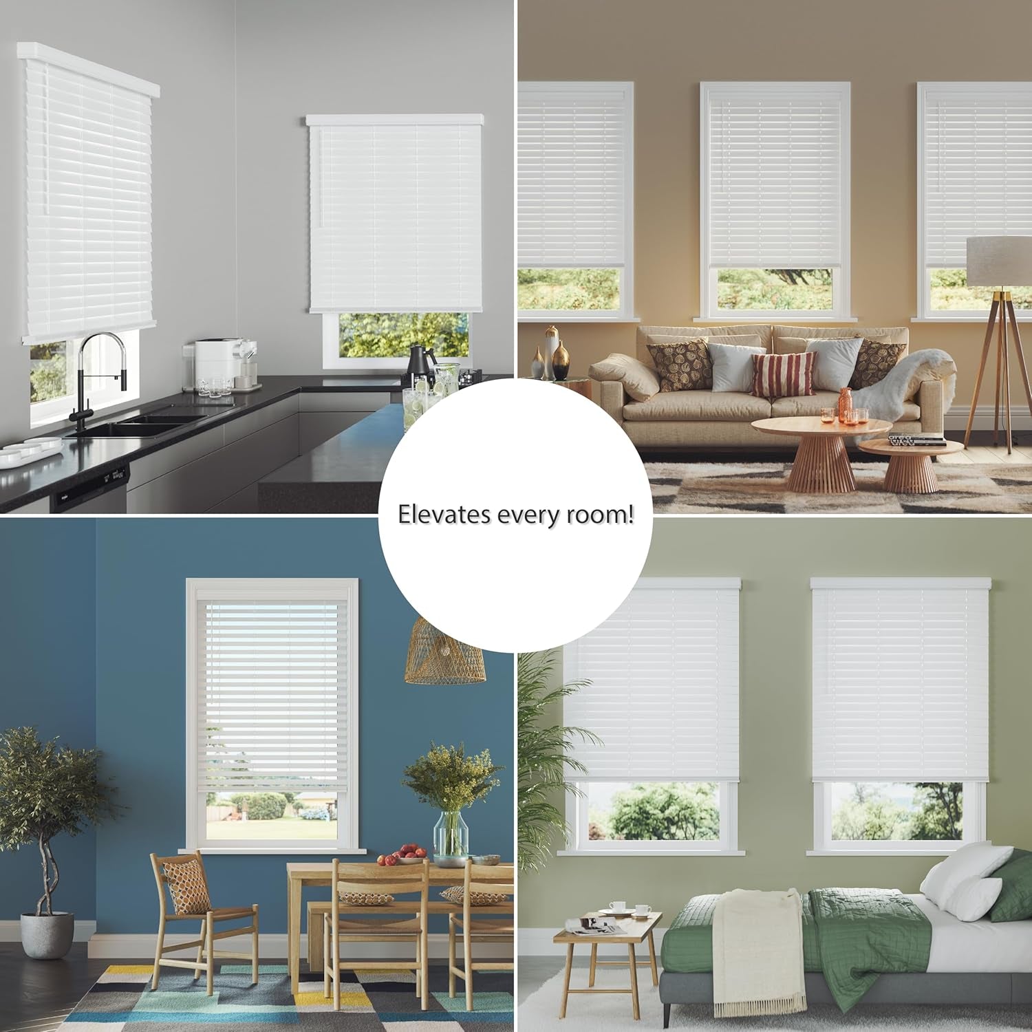 2.5 Inch Cordless Faux Wood Blind, 34" W X 60" L - White Plantation Style Venetian Blinds, over 400 Custom Sizes Starting at 29.97, Room Darkening Shades for Interior Windows by