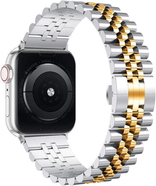 Compatible with Apple Watch Band 41Mm 40Mm 38Mm, Stainless Steel Heavy Band with Butterfly Folding Clasp Link Bracelet for Iwatch Series 9/8/7/6/Seseries 5/4/3 Women,Silver/Gold