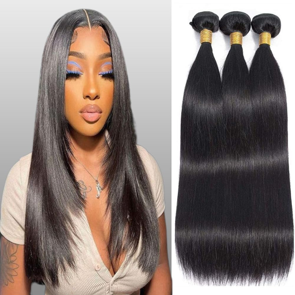 Straight Human Hair Bundles 14 14 14 Inch Trippy Hair Bundles Human Hair 100% Brazilian Unprocessed Raw Hair Bundles Weft Weave Bundles Human Hair Extensions for Black Women Natural Color
